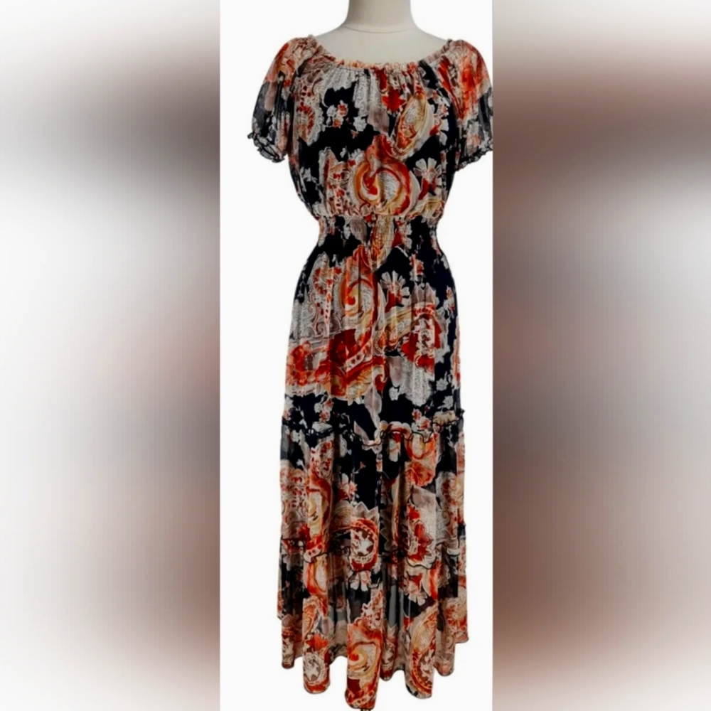 KATE AND LILY Women Maxi Fit & Flare Dress Floral Mesh Cap Sleeve Smocked Size20